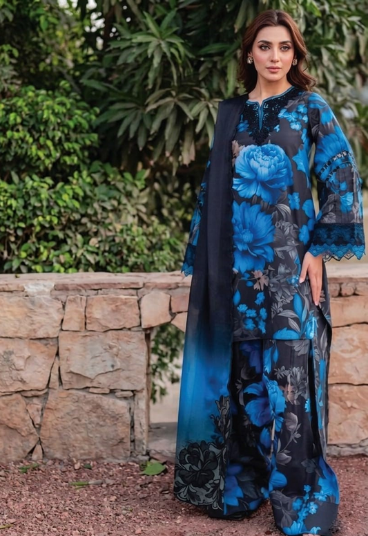 Embroidered Lawn 3 Piece Unstitched Suit IL-UE-399-B-BLUE - Summer Collection