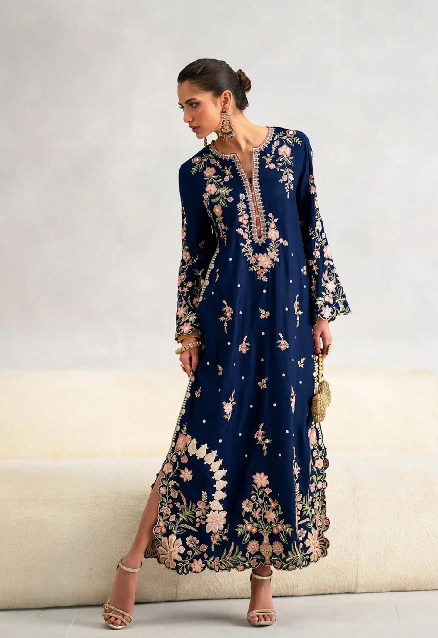 Embroidered Charmeuse Silk/Kaftan 2 Piece Unstitched Suit N.BLUE-EK-E1115/104/902 - Party Wear