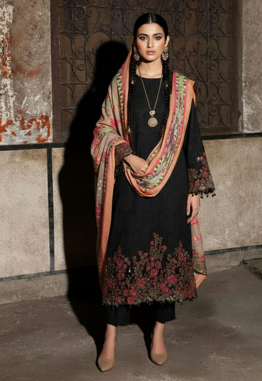 Embroidered Lawn 3 Piece Unstitched Suit BLACK-JL-HU-STELLAR-B-25 - Summer Collection