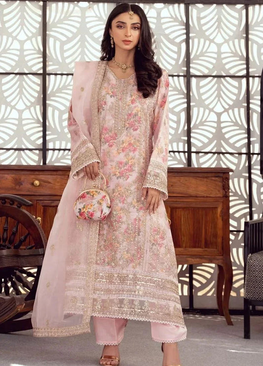 Embroidered Organza 3 Piece Semi Stitched Suit PINK-NFC-D03-24 - Party Wear