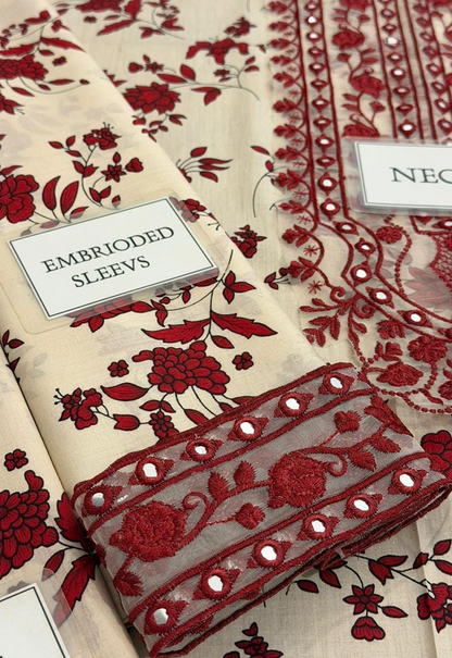 Embroidered Lawn 3 Piece Unstitched Suit MAROON LAWN-ACL-WPR-23 - Summer Collection