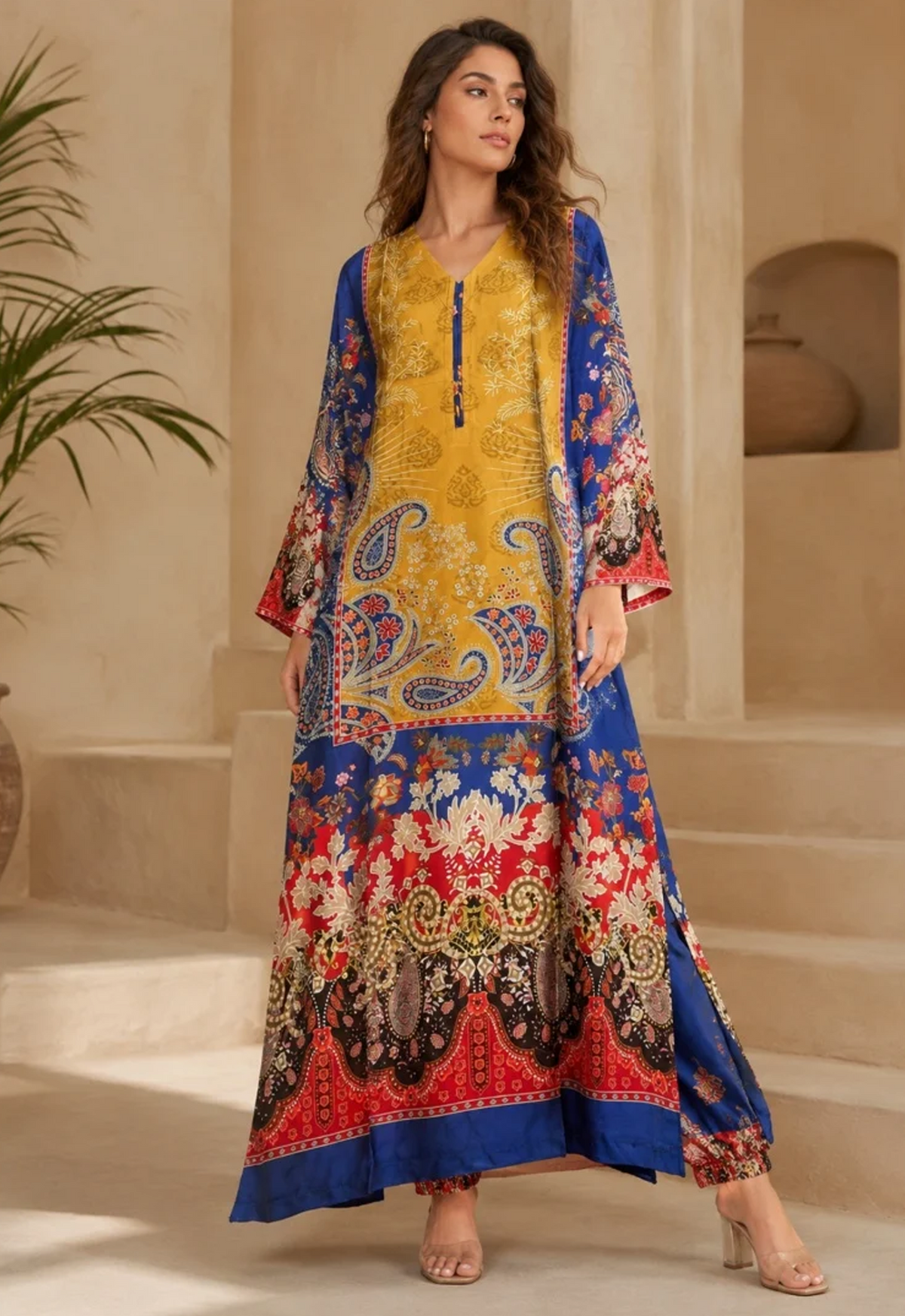 Printed Kaftaan Charmeuse Silk 2 Piece Unstitched Suit MSK-RBY-164 - Party Wear