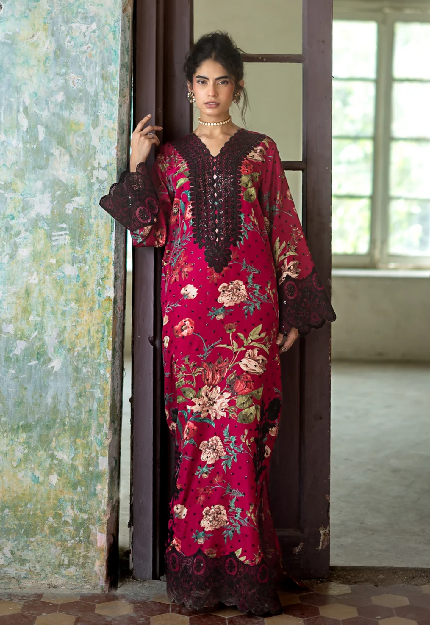 Embroidered Kaftaan Charmeuse Silk 2 Piece Unstitched Suit ZCK-ORCHID NOIR - Party Wear