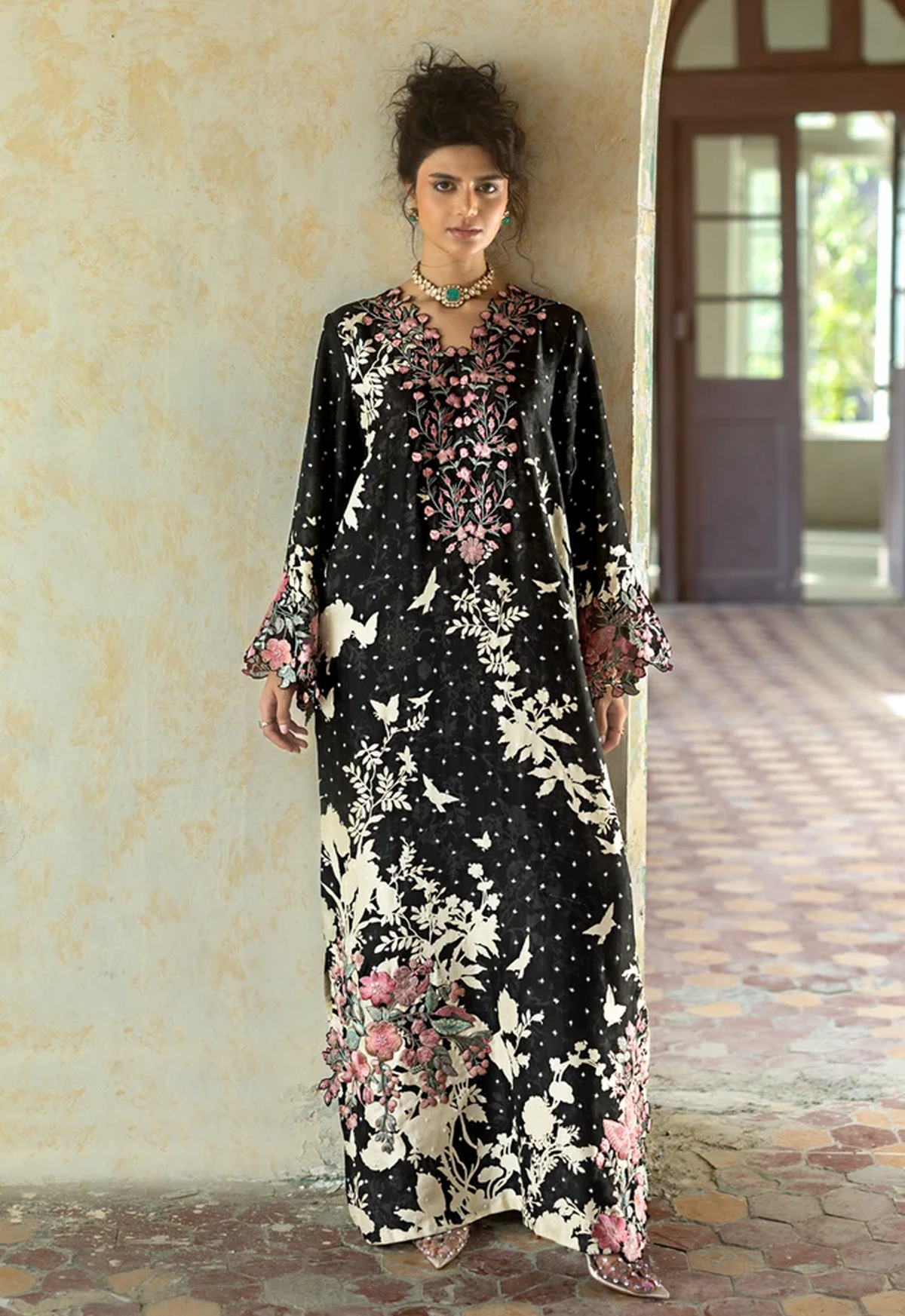 Printed Kaftaan Charmeuse Silk 2 Piece Unstitched Suit ZCK-Black Charm - Party Wear