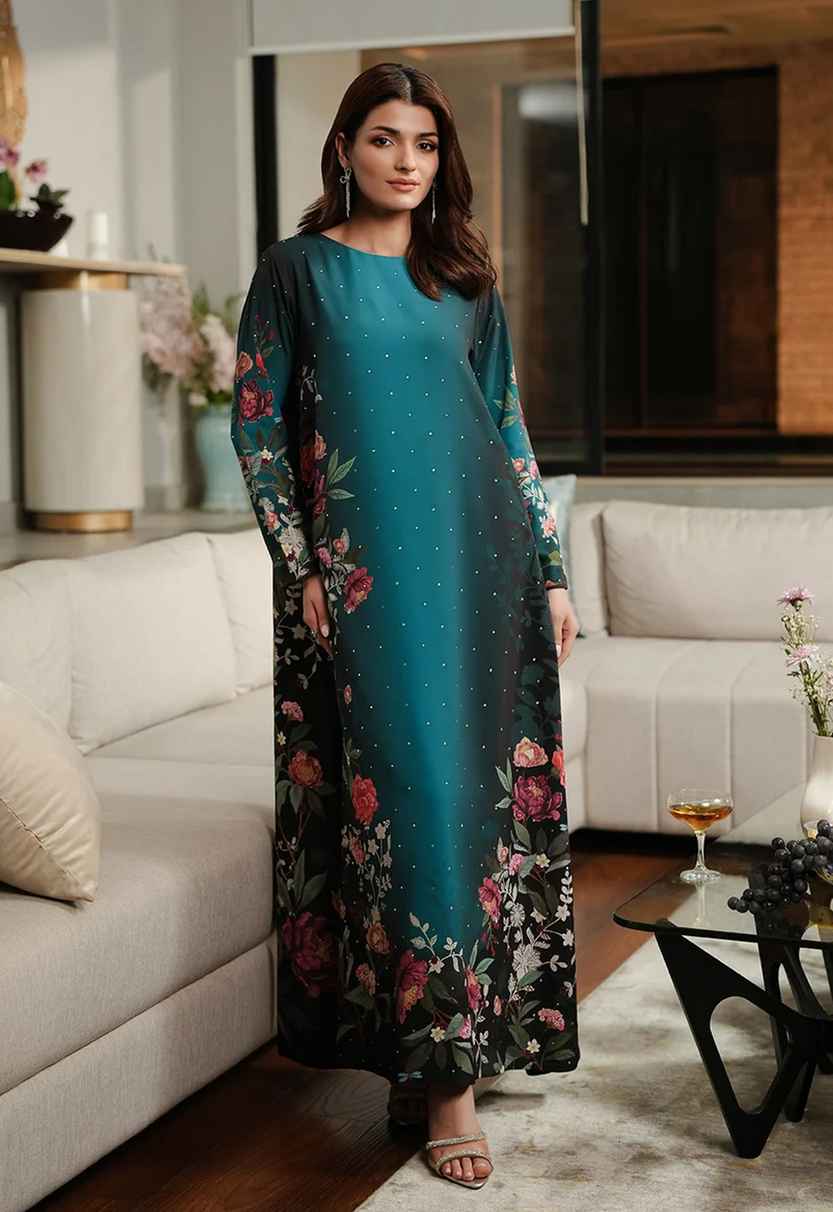 Printed Kaftaan Charmeuse Silk 2 Piece Unstitched Suit LLK-Elvaya Dress - Party Wear