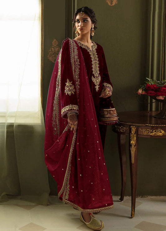 Embroidered Unstitched 3 Piece Velvet Suit MAROON-BV-PR-874- Party Wear