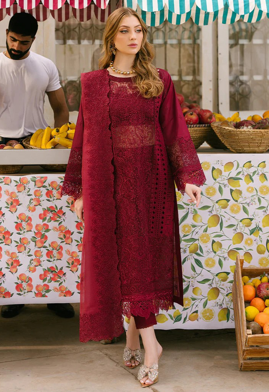 Embroidered Lawn 3 Piece Unstitched Suit MAROON-ML-HU-MM-024 - Summer Collection