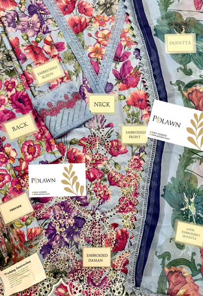 Embroidered Lawn 3 Piece Unstitched Suit MBL-MPT-2902-B-26 - Summer Collection