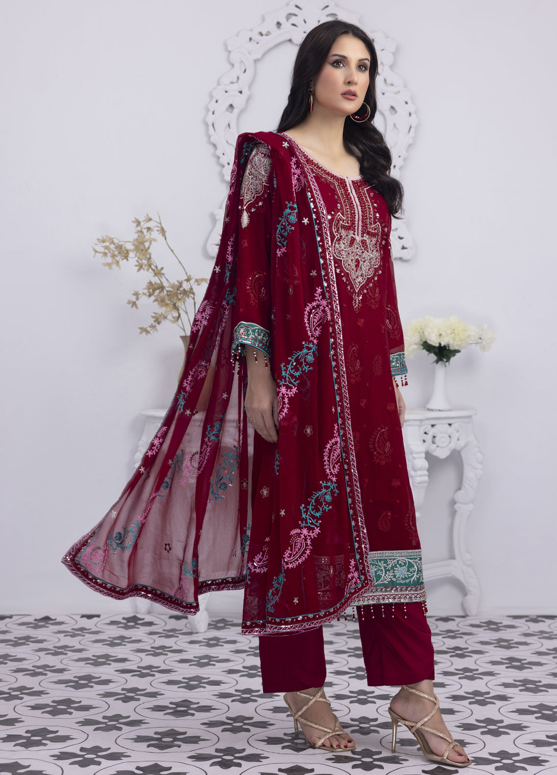 Mansoob By Polawn Embroidered Stitched 3 Piece Chiffon Suit PD-23-101 Ready to Wear