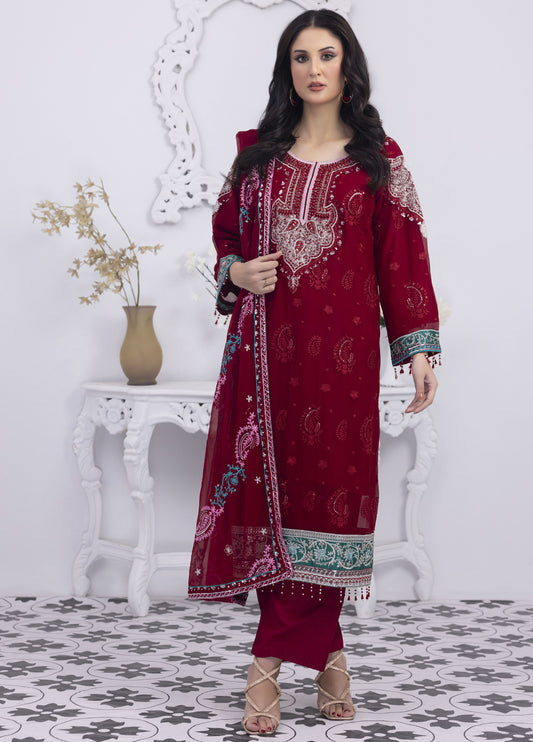 Mansoob By Polawn Embroidered Stitched 3 Piece Chiffon Suit PD-23-101 Ready to Wear