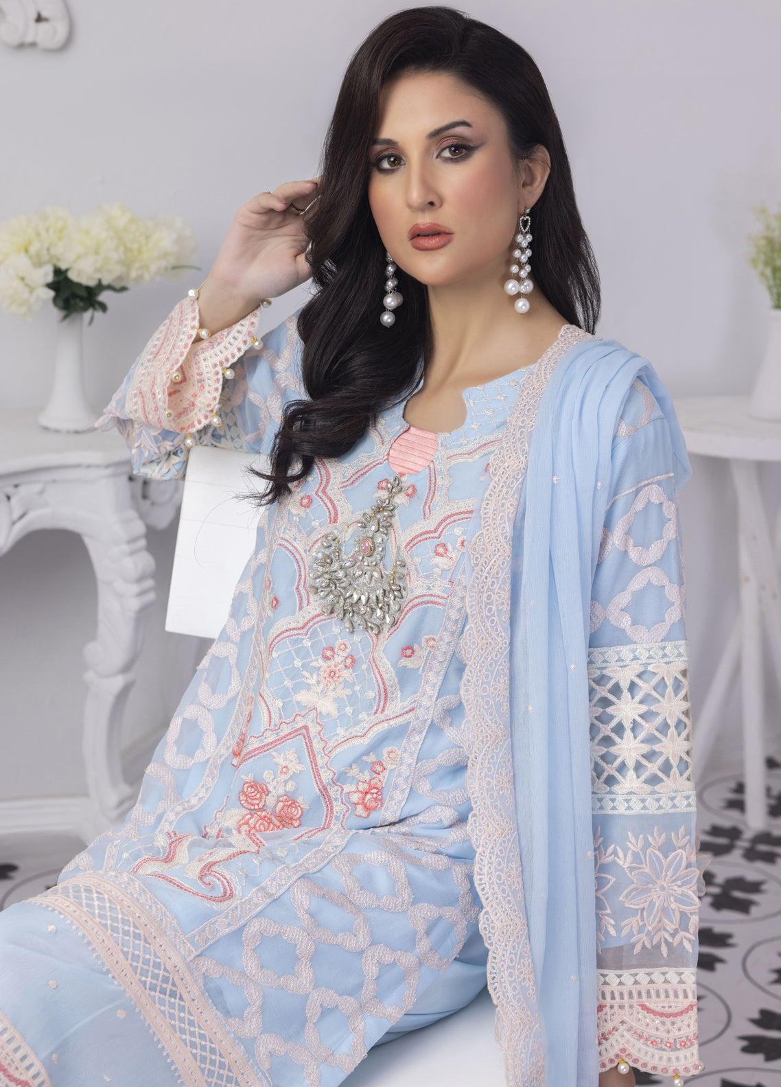Mansoob By Polawn Embroidered Stitched 3 Piece Chiffon Suit PD-23-104 Ready to Wear