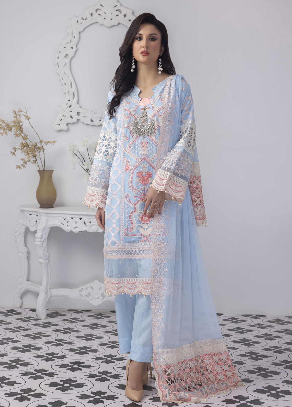 Mansoob By Polawn Embroidered Stitched 3 Piece Chiffon Suit PD-23-104 Ready to Wear