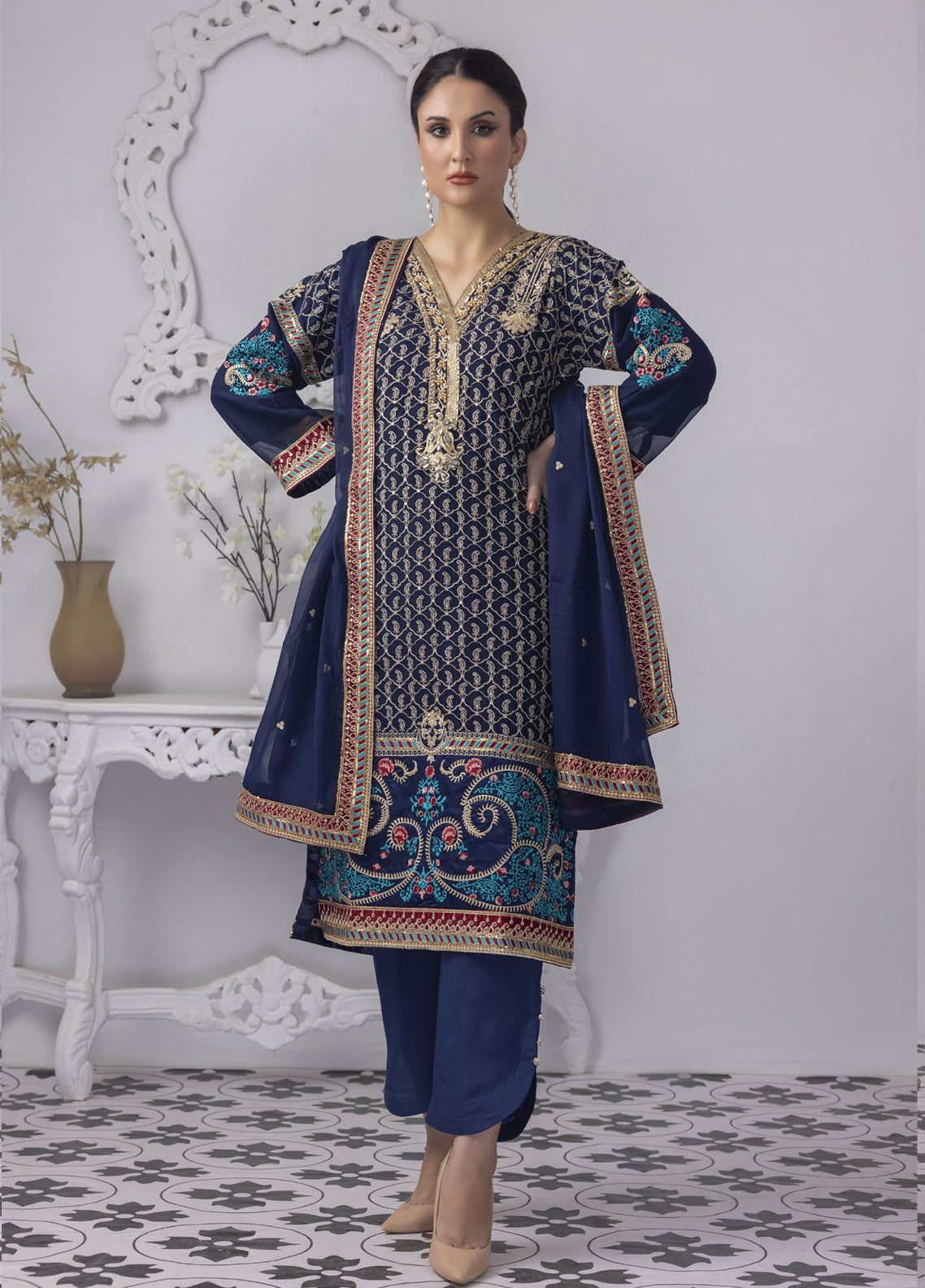 Mansoob By Polawn Embroidered Stitched 3 Piece Chiffon Suit PD-23-105 Ready to Wear