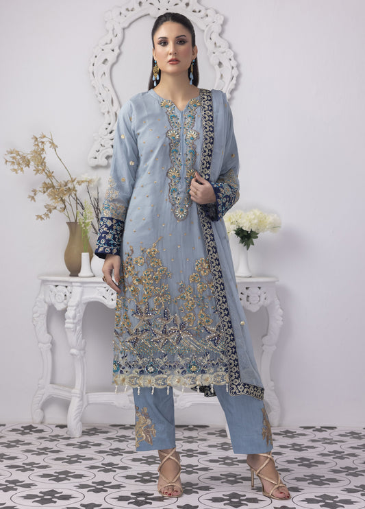 Mansoob By Polawn Embroidered Stitched 3 Piece Chiffon Suit PD-23-106 Ready to Wear
