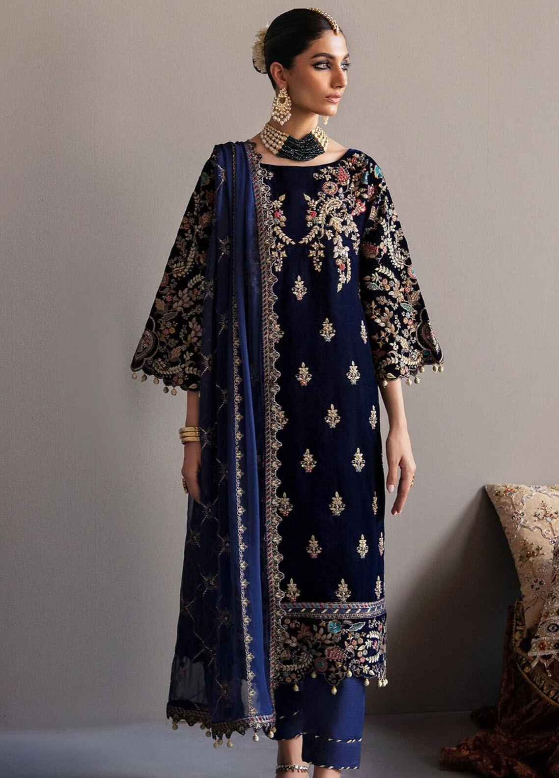 Embroidered Unstitched 3 Piece Velvet Suit EAC-MK-03 - Party Wear