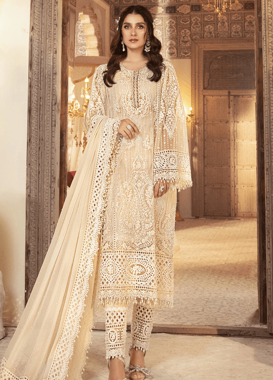 Pearl White Embroidered Unstitched 3 Piece Organza Suit MBC-BD-2304-Party Wear