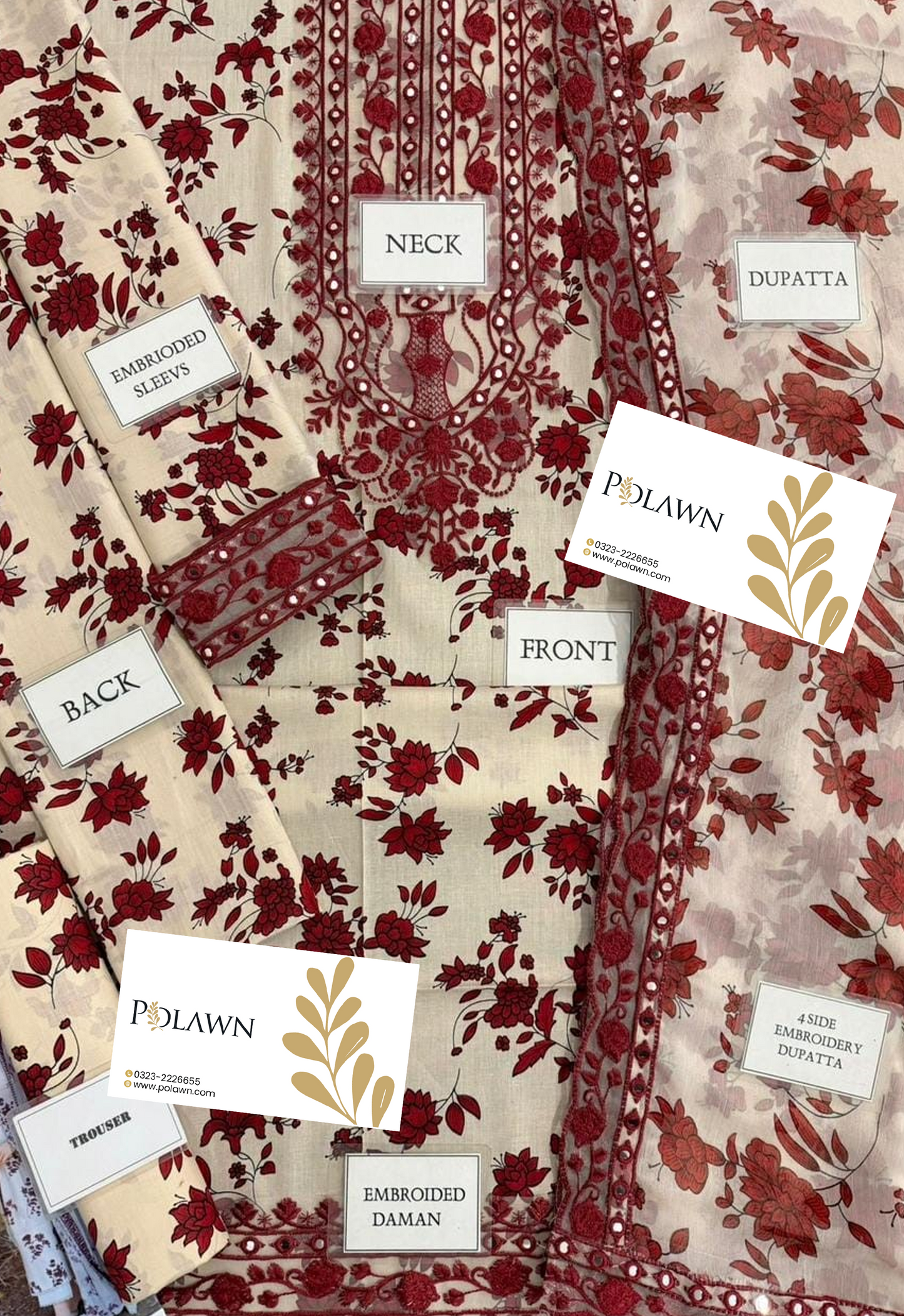 Embroidered Lawn 3 Piece Unstitched Suit MAROON LAWN-ACL-WPR-23 - Summer Collection