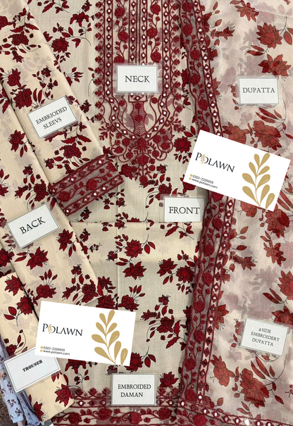 Embroidered Lawn 3 Piece Unstitched Suit MAROON LAWN-ACL-WPR-23 - Summer Collection