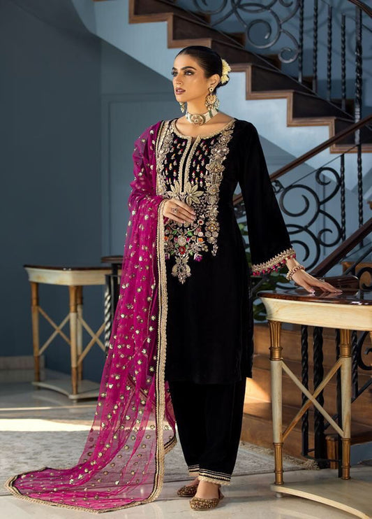 Embroidered Unstitched 3 Piece Velvet Suit KBV-P-223-BLACK-Party Wear