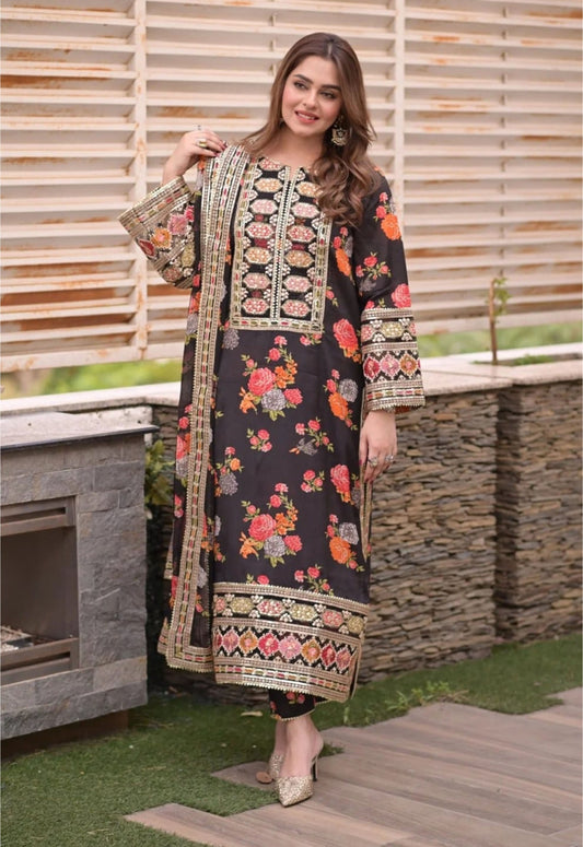 printed silk dress designs Digital Print Silk 3pcs (3D FLOWERS)