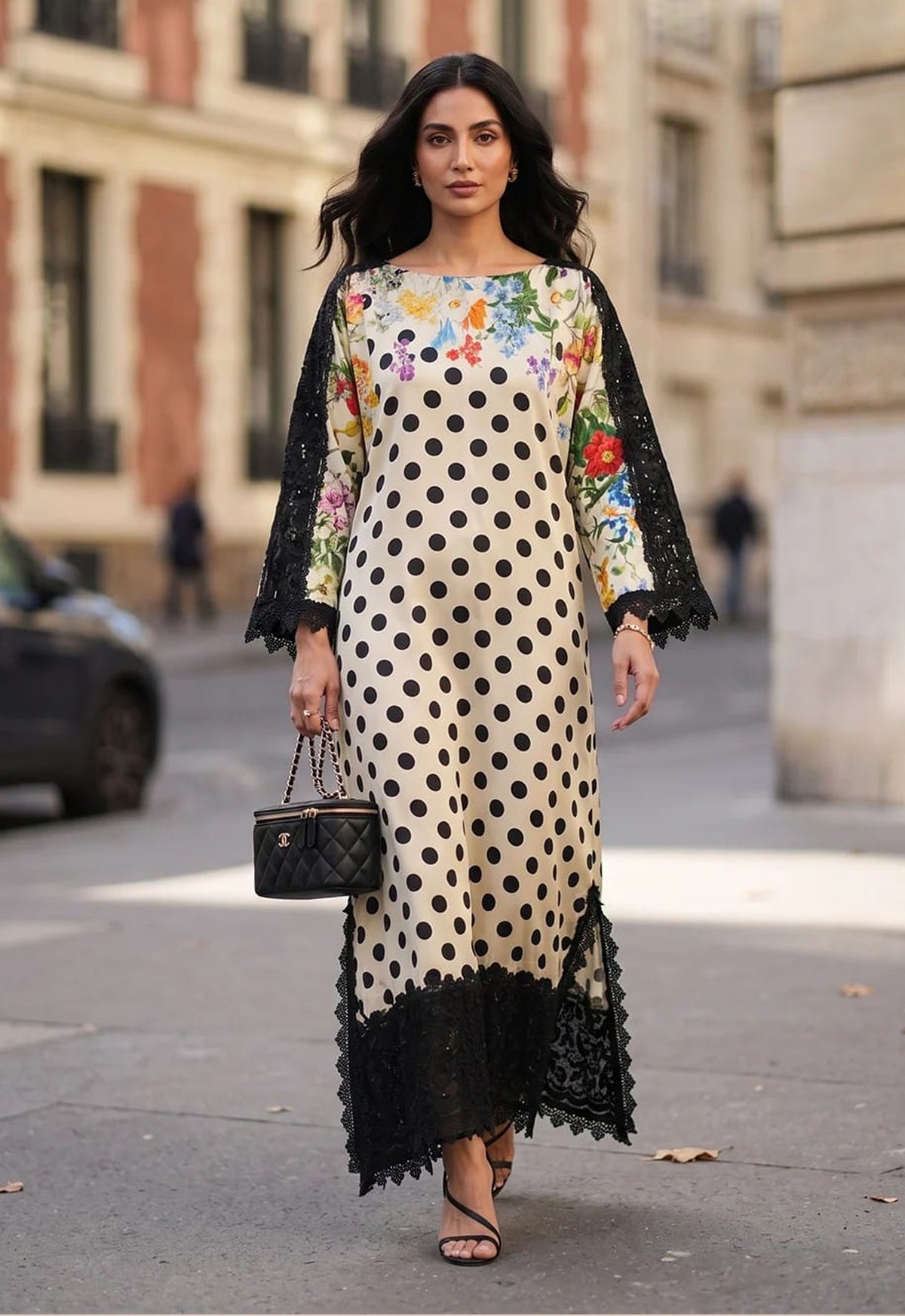 Printed Kaftaan Charmeuse Silk 2 Piece Unstitched Suit ZK-Polka Botanique - Party Wear