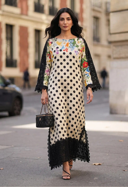 Printed Kaftaan Charmeuse Silk 2 Piece Unstitched Suit ZK-Polka Botanique - Party Wear