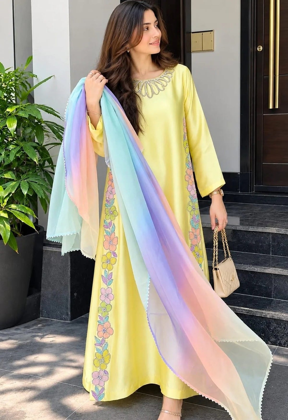 Printed Kaftaan Charmeuse Silk 2 Piece Unstitched Suit LEMON-PK-Bloom Kaftan - Party Wear