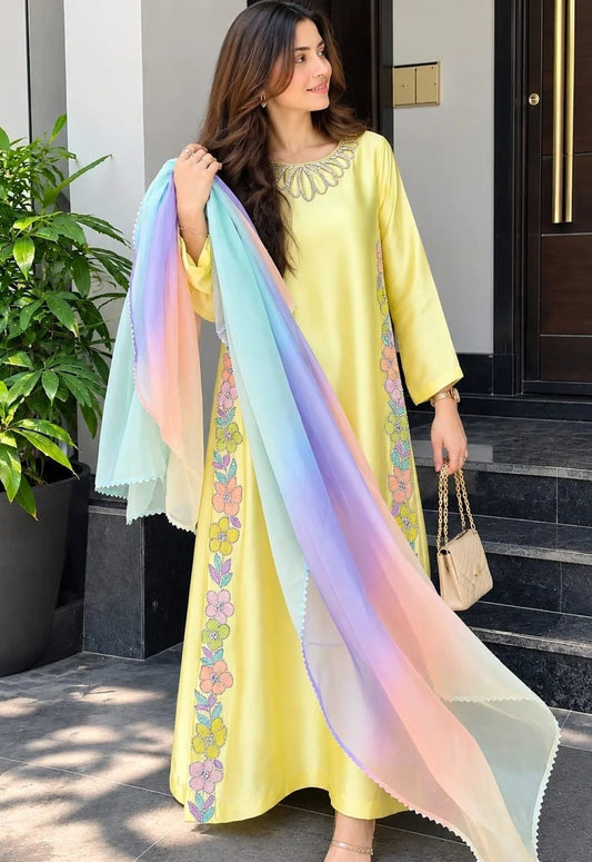 Printed Kaftaan Charmeuse Silk 2 Piece Unstitched Suit LEMON-PK-Bloom Kaftan - Party Wear