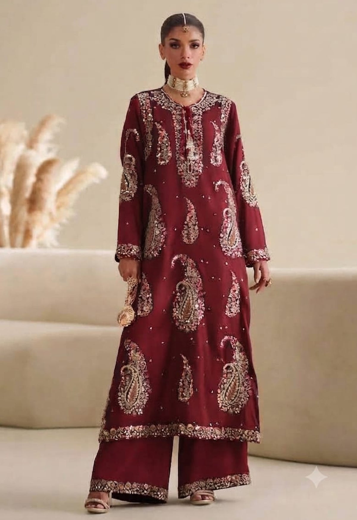 Printed Kaftaan Charmeuse Silk 2 Piece Unstitched Suit MAROON-EK-E1090/104/623  Kaftan - Party Wear