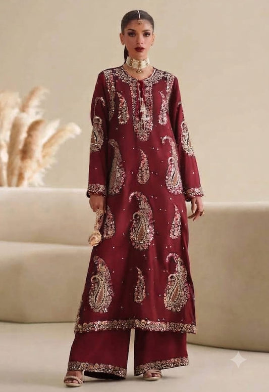 Printed Kaftaan Charmeuse Silk 2 Piece Unstitched Suit MAROON-EK-E1090/104/623  Kaftan - Party Wear