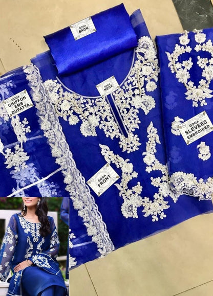 Blue Embroidered Unstitched 3 Piece Organza Suit AG-S100354-21-Party Wear