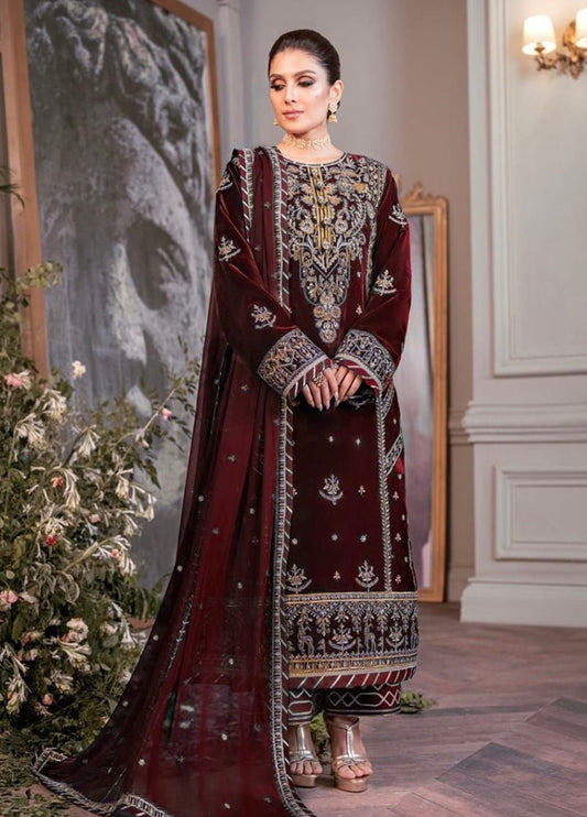 Embroidered Unstitched 3 Velvet Piece Suit AJAMC-D08-22-MAROON-Party Wear