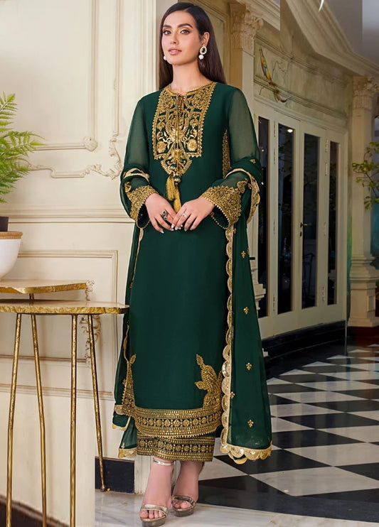 Bottle Green Embroidered Unstitched 3 Piece Chiffon Suit AJIMC-D03-22 -Party Wear