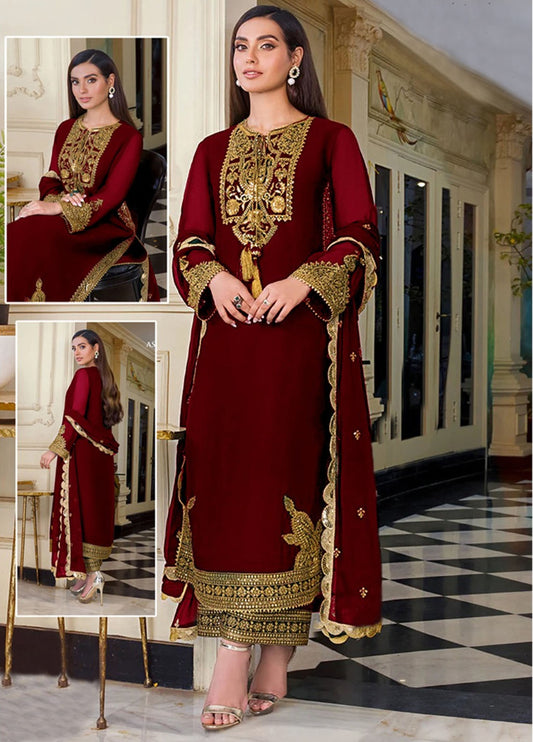 Embroidered Unstitched 3 Piece Chiffon Suit AJIMC-D03-Maroon-22 -Party Wear