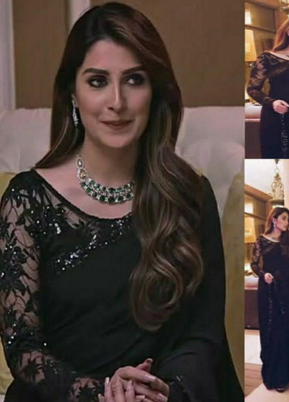 Black Embroidered Unstitched Chiffon Saree Ayeza Khan-Black-Party Wear