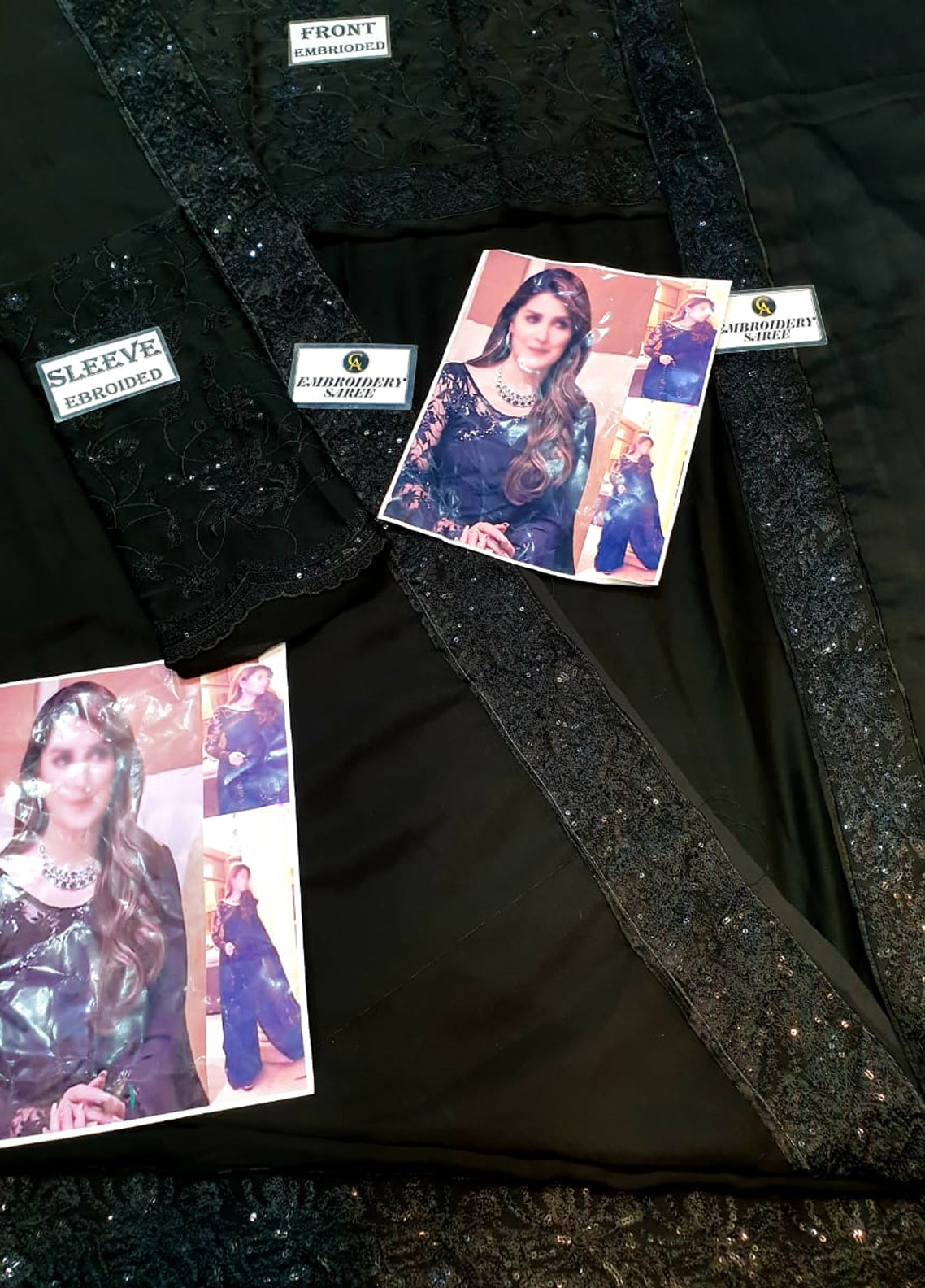 Black Embroidered Unstitched Chiffon Saree Ayeza Khan-Black-Party Wear