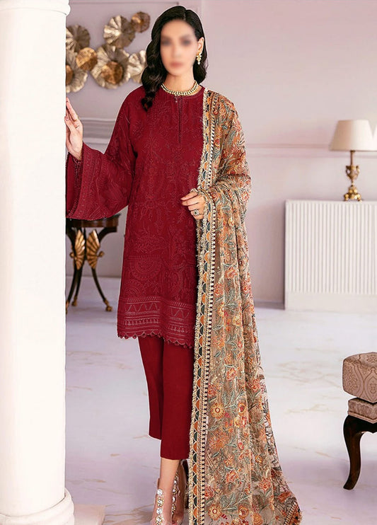 Maroon Embroidered Unstitched 3 Piece Organza Suit BC-D08-SUGER CRYSTAL-MAROON-Party Wear