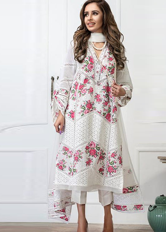 Embroidered  Lawn 3 Piece Unstitched Suit BK-01-White Atisha Flower-Summer Collection