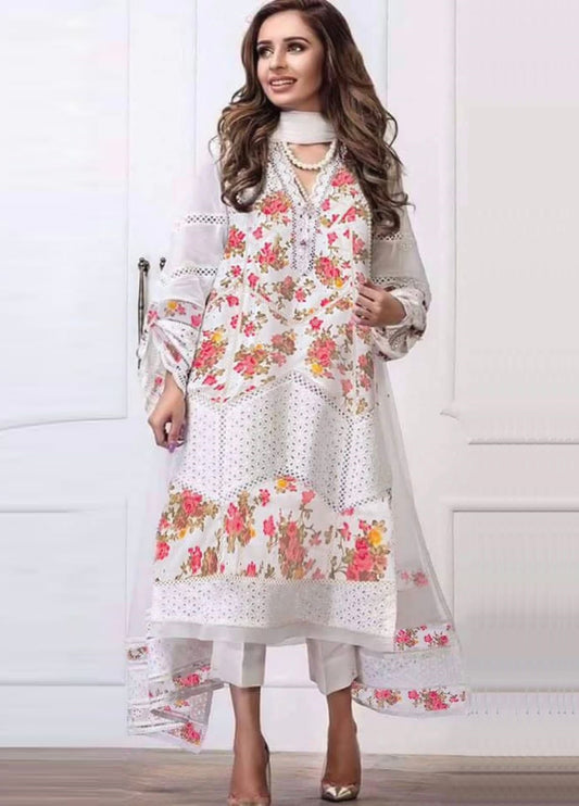 Embroidered Lawn 3 Piece Unstitched Suit BK-01-White Yellow Flower-Summer Collection