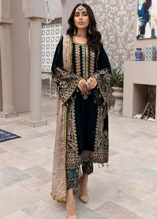 Black Embroidered Unstitched 3 Piece Velvet Suit EAC-MK-02-21-Party Wear