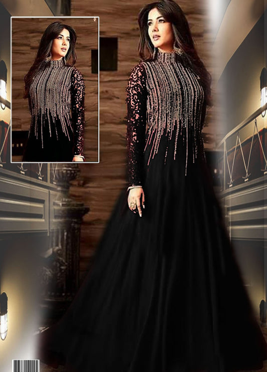 Black Embroidered Unstitched Chiffon Indian Maxi-Black Party Wear