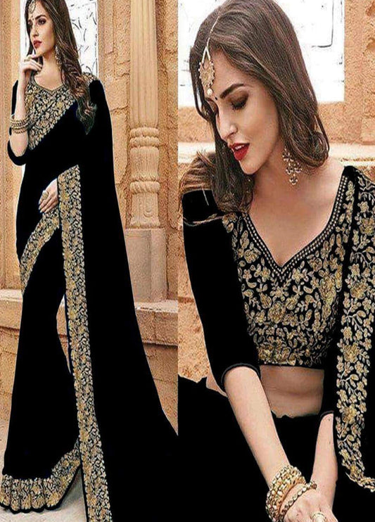 Black Embroidered Unstitched Chiffon Indian Saree -Party Wear