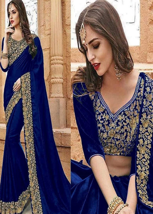 Navy Blue Embroidered Unstitched Chiffon Indian Saree -Party Wear