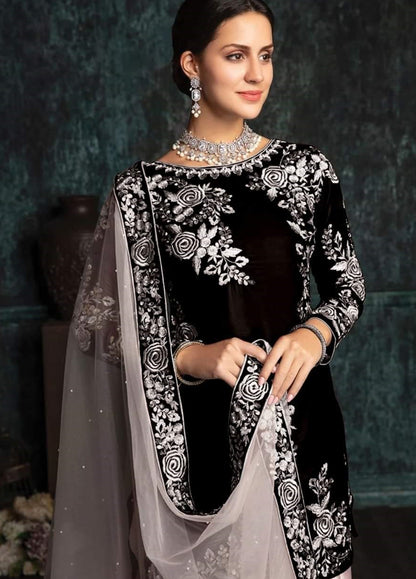 Embroidered Unstitched 3 Piece Net Suit Lashkaraa Silk-Black-Party Wear