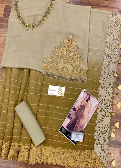 Chocolate Cappuccino Embroidered Unstitched 3 Piece Chiffon Saree MBC-BD-2306-Party Wear