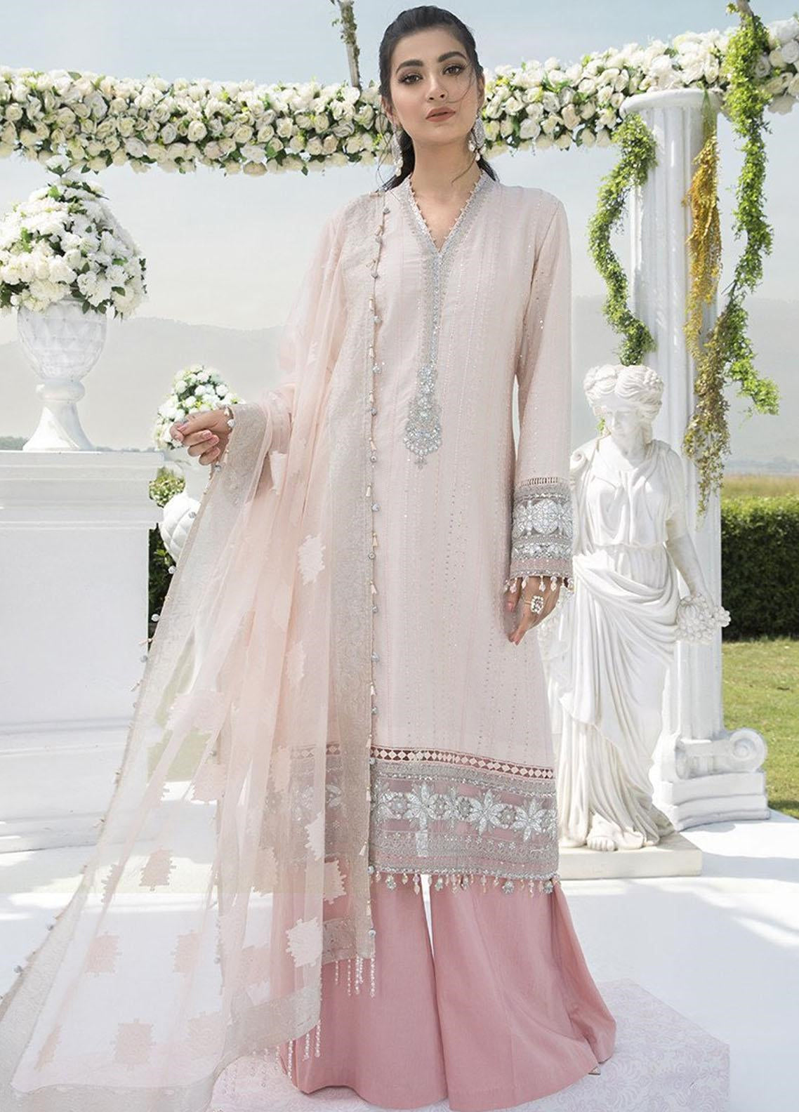 Pearl White & Pink Melody Thread Embroidered Organza Suit Set-Plus Size  Clothing(XS-10XL)