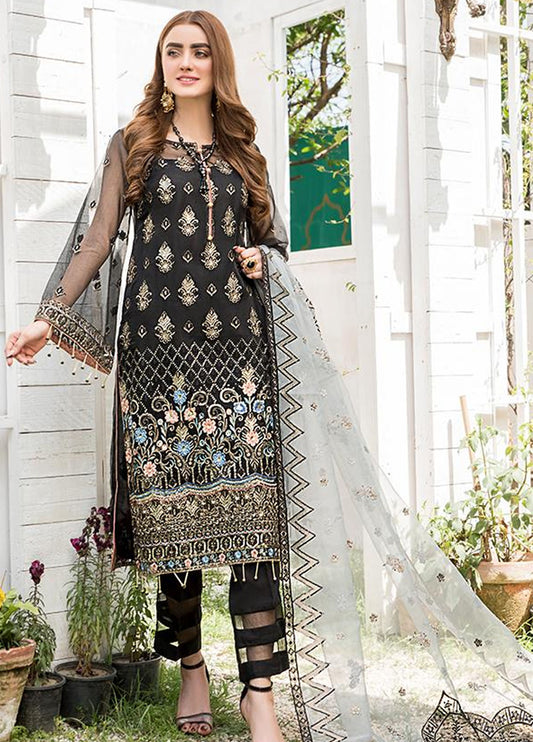 Black Embroidered Unstitched 3 Piece Organza Suit MC-D01-TC-Party Wear