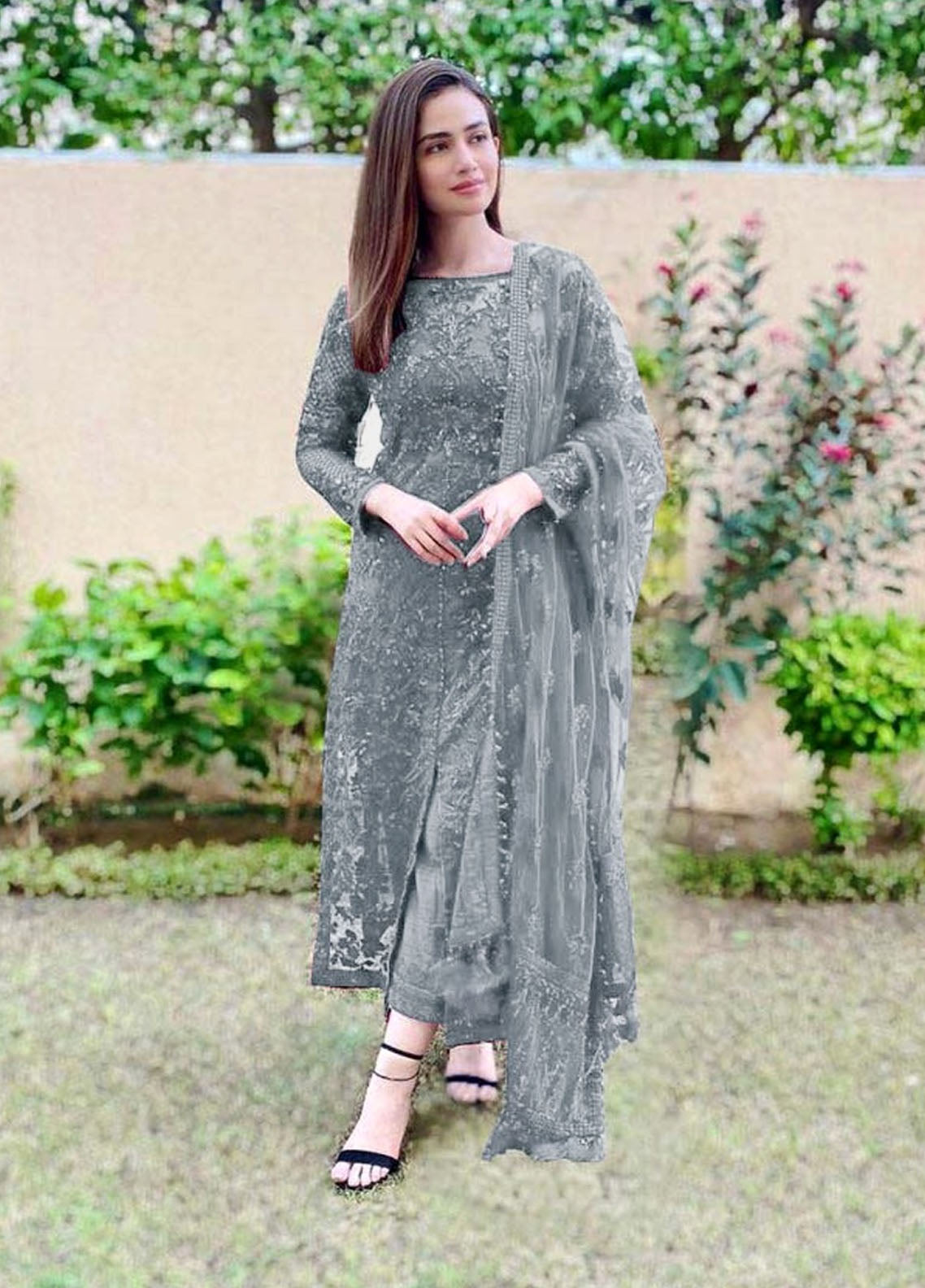Grey Embroidered Unstitched 3 Piece Net MHC-Rubi-Grey Party Wear