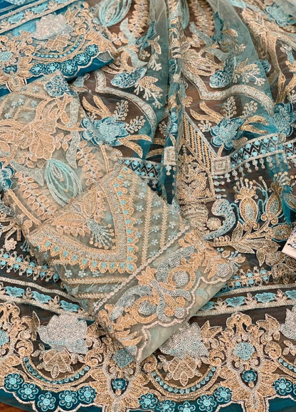 Light Blue Carnation Rose Embroidered Unstitched 3 Piece Net Suit MMC-F-03-21 -Party Wear