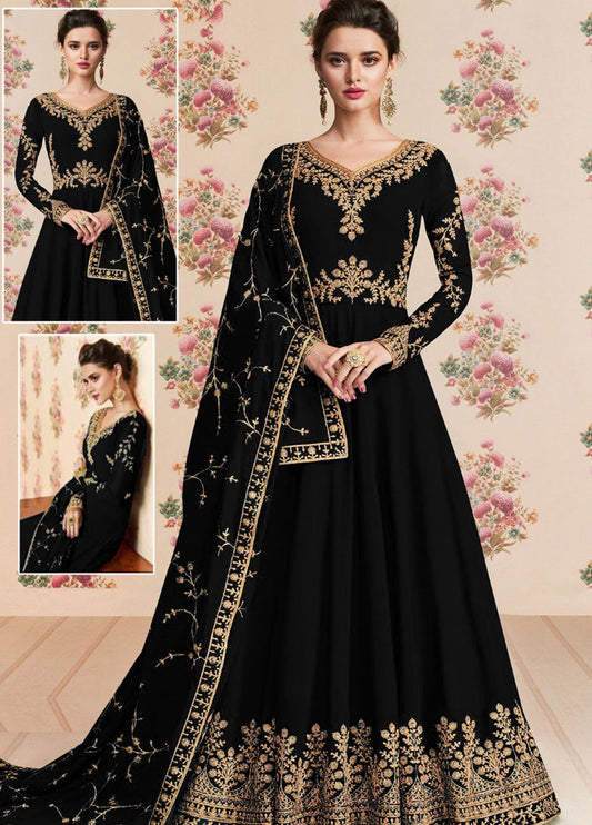 Embroidered Unstitched 3 Piece Chiffon M Maxi-Black-Party Wear
